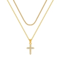 Double-layered 18K gold necklace set featuring box chain and sparkling zircon cross pendant - Cross with Zirconia