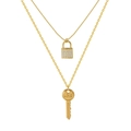 Double-layer gold necklace with crystal lock pendant and LOVE engraved key charm - Lock and Key