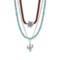 Three-layer bohemian turquoise necklace with cactus and flower pendants in silver finish - 3-Layer Cactus & Flower Necklace (NK28670-2)