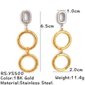 Two-tone stainless steel drop earrings in 18K gold and silver finish with geometric rings - Rounded Rectangle and Ring Style (RS-YS500) / Gold