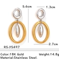 Two-tone stainless steel drop earrings with silver textured rings and gold oval pendants - Textured Ring and Oval Style (RS-YS497) / Gold