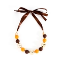Handmade beaded Christmas necklace with brown satin ribbon and gold matte beads - Bowknot Style (NK26200-Brown)
