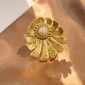 Textured gold flower ring with center white pearl on elegant brown satin fabric background - Pearl Floral (JZ-YS440)