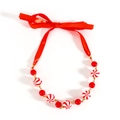 Christmas necklace featuring red and white candy-style beads with a large red ribbon bow - Striped Candy Style (NK26210-Red)