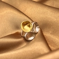 Moderner zweifarbiger Edelstahlring mit minimalistischen gold-silbernen strukturierten Scheiben - Drei-Scheiben Farbblock-Stil (JZ-YS546-1)