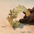 Detail view of vintage rose flower engraved golden stainless steel cuff with dimensions - Vintage Rose Leaf Intertwined Style (SS-YS110-3)