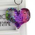Close-up of heart-shaped rainbow sequin keychain with shiny silver metal link chain - Sequin Item Approx. 9cm / Heart (Multicolor)