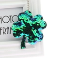 Sparkly four-leaf clover keychain with green and blue sequins on a silver metal chain - Clover (Green)