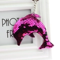 Pink sequin dolphin keychain pendant with silver metal chain on white decorative frame - Dolphin (Rose Red)