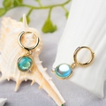 Golden hoop earrings with iridescent blue-green natural stone and zircon charms - Blue