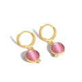 Gold hoop earrings featuring pink cat's eye stone pendant and sparkling zircon stone - Pink