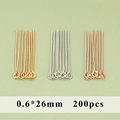 0.6x26mm eyepins in gold, silver, and rose gold plating for DIY jewelry making 200pcs - 0.6x26mm