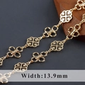 Golden 18K plated chain link with complex floral pattern, 13.9mm width for jewelry making - Four-Petal Cross Flower Gold - 1 Meter (C21020)