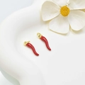 Pair of red chili pepper enamel charms with gold rings on white textured tray - 20mm / Red