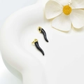 Elegant pair of black enamel Italian horn pendants with golden rings on white surface - 20mm / Black