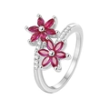 Anillo de plata con doble flor, circonitas rosas y detalles de diamantes en micropavé - US 5 / Flor Plateada Diamante Rojo (Anillo de Circonia Flor Plateada Roja)