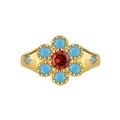Anillo de flor vintage en tono dorado con piedra roja central y circonitas azules - US 6 / Dorado