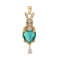 Detail view of a gold rabbit pendant with green heart stone and zircon accents - Gold Light Green Zirconia Pendant Only (Without Chain)