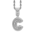 Macro detail of iced-out letter C pendant with square zircons and rope chain - 3mm*60cm / C Silver + Stainless Steel Rope Chain
