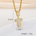 Detail of 18k gold plated letter T pendant with cubic zirconia and size dimensions - T Style - Gold (Pendant And Rope Chain)