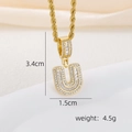 Detail of 18k gold letter U pendant with zircon inlay showing size 3.4cm and 4.5g weight - U Style - Gold (Pendant And Rope Chain)