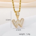Detail view of 18k gold plated letter W pendant with cubic zirconia size specifications - W Style - Gold (Pendant And Rope Chain)