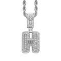 Macro detail of silver letter H pendant necklace with baguette-cut pavé zircons - 3mm*60cm / H Silver + Stainless Steel Rope Chain