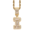 Macro shot of hip-hop letter I pendant in gold with baguette and round cut crystals - 3mm*60cm / I Gold + Stainless Steel Rope Chain