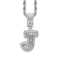Macro view of silver letter J pendant with pavé and baguette cut cubic zirconia - 3mm*60cm / J Silver + Stainless Steel Rope Chain