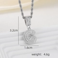 Detailed view of silver iced-out letter G pendant with size dimensions and cz stones - G Style - Silver (Pendant And Rope Chain)
