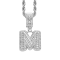 Macro shot of silver letter M pendant with baguette and pavé set cubic zirconia stones - 3mm*60cm / M Silver + Stainless Steel Rope Chain