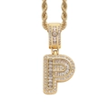 Macro detail of iced-out letter P pendant with square zircons on golden rope chain - 3mm*60cm / P Gold + Stainless Steel Rope Chain
