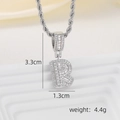 Detailed view of silver iced-out letter R pendant with size labels 3.3cm and 1.3cm - R Style - Silver (Pendant And Rope Chain)