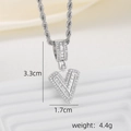 Detailed dimensions of iced out letter V pendant necklace with rope chain in silver finish - V Style - Silver (Pendant And Rope Chain)