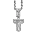 Macro view of iced-out silver T-letter pendant with baguette and round cut zircon stones - 3mm*60cm / T Silver + Stainless Steel Rope Chain