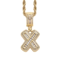 Detail of golden hip-hop letter X pendant with pavé-set rectangular and round zircons - 3mm*60cm / X Gold + Stainless Steel Rope Chain