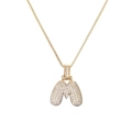 Collier lettre M dorée style bulle avec zircons pavés et chaîne à mailles carrées - M
