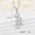 Silver crown letter R pendant necklace with zircon stones and polished chain - Silver R