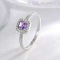 Elegant silver ring featuring square purple zircon stone with halo and beaded band - Silver Plated Purple Zirconia