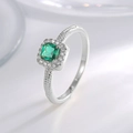 Elegant silver ring featuring square green zircon with halo setting and textured band - Silver Plated Green Zirconia
