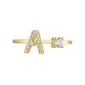 Anillo bañado en oro 18K con letra A de circonitas y una piedra solitaria brillante - Abierto Ajustable / Anillo Oro Zirconia Letra A
