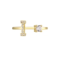 Gold-plated ring featuring letter I design with paved cubic zirconia and a round solitaire - Adjustable Open / Gold Initial I Zirconia Ring