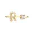 18K gold plated ring with letter R zircon pavé and large round solitaire stone - Adjustable Open / Gold Initial R Zirconia Ring