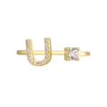 18K gold plated ring featuring a crystal-encrusted letter U and a single zircon stone - Adjustable Open / Gold Initial U Zirconia Ring