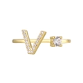 Gold finish 18K plated ring with zircon-encrusted letter V and round center stone - Adjustable Open / Gold Initial V Zirconia Ring