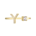 18K gold plated open ring featuring letter Y with sparkling zircon and round solitaire - Adjustable Open / Gold Initial Y Zirconia Ring