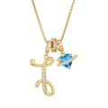 Macro shot of gold letter J pendant with blue heart saturn charm on box chain - Gold I