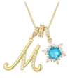 Gold box chain necklace with a zircon-encrusted letter M and a blue gemstone floral pendant - Gold - Letter M