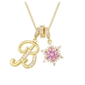 18K gold plated necklace with zircon letter B pendant and pink sunflower charm - Box Chain / Gold B