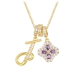 18K gold plated necklace with micro-paved letter T and purple zircon floral pendant - Gold T